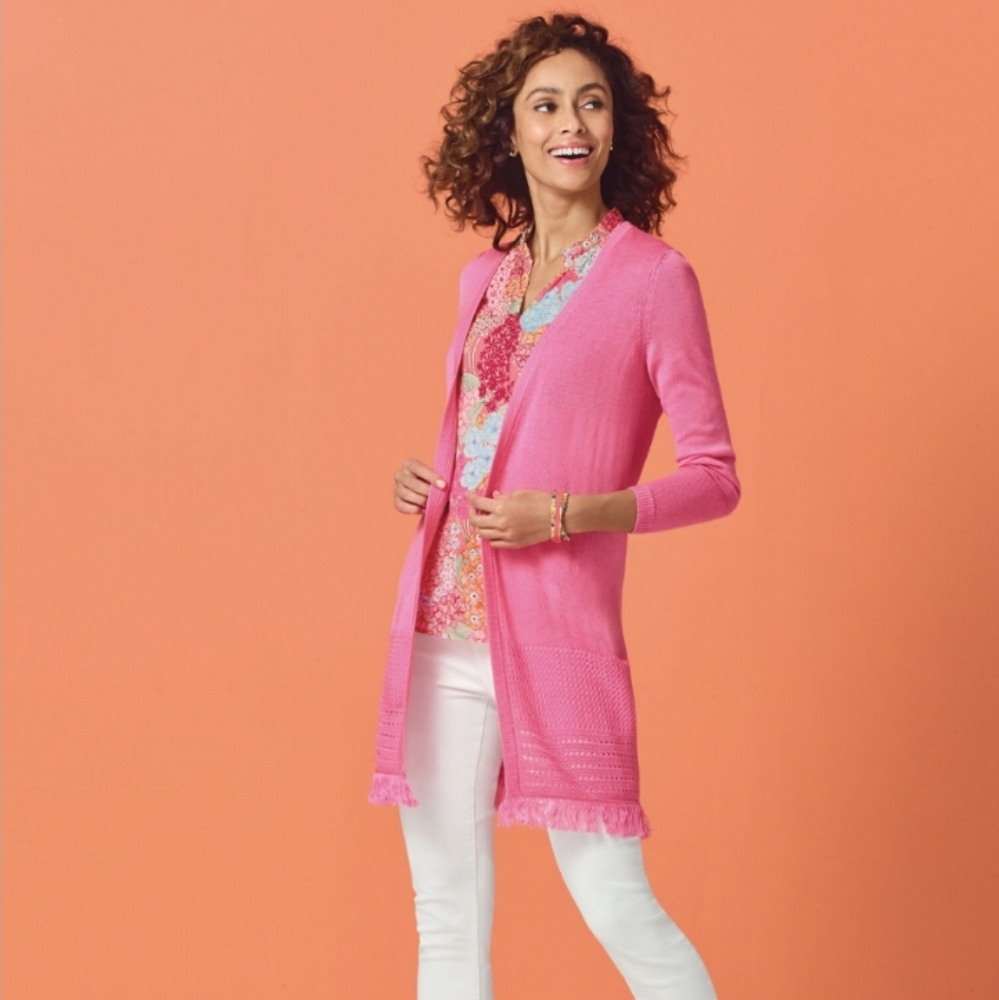 TALBOTS Textured Crochet Fringe Cardigan Sweater Hot Pink Open-Front Size XS